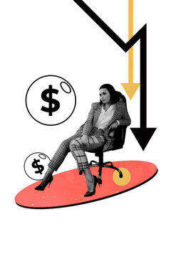 Banner 3d sketch image collage of puzzled businesswoman sit char arrow decline statistics dollar inflation collapse economy