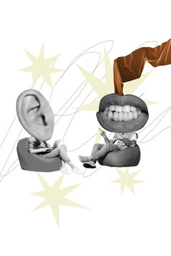 Trendy art vertical 3d photo collage of two anonym headless man girl ear mouth gossip tattle conversation discussion murmur