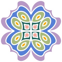 Colorful symmetrical floral mandala ornament, blue purple and green vector illustration © Juan