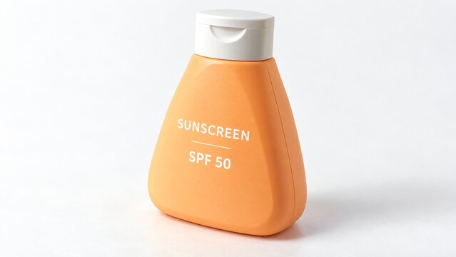 Pale orange triangular sunscreen squeeze bottle with white flip cap