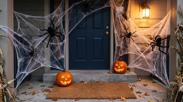 Suburban Front Door Decorated with Cobwebs and Pumpkins