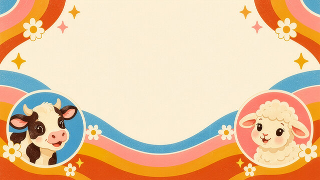 Cute retro farm animal frame with a smiling cow and sheep, colorful wavy stripes, daisies and stars surrounding large blank copy space on a warm cream background.