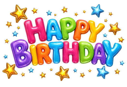 Colorful Happy Birthday Balloon Letters with Star Decorations Isolated Design