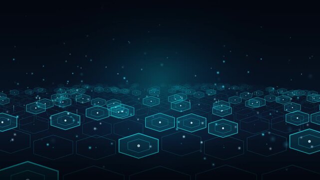 Clean professional 4K corporate motion background featuring an isometric 3D hexagonal grid with flowing cyan data pulse lines in deep slate navy.