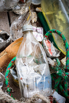 Mixed plastic and fabric waste collected from the beach, flotsam, pollution, litter.