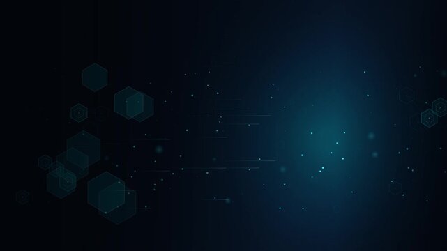 Clean professional 4K corporate motion background featuring an asymmetric lateral stream of floating hexagonal data clusters with parallax depth in deep slate navy.