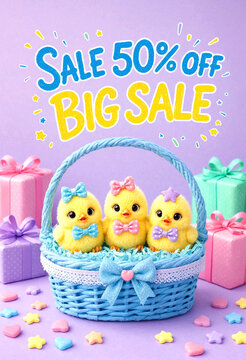 Cute yellow chicks in basket with big sale discount offer display