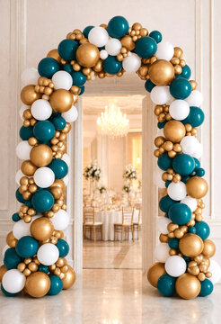 Elegant Balloon Archway Decoration For Wedding Entrance With Gold White Teal Colors