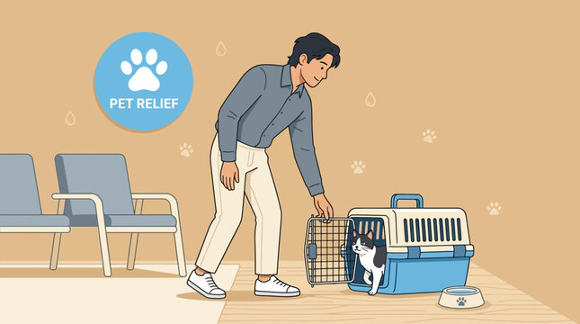 Man placing cat into carrier at vet waiting room, pet relief logo