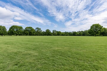 Naklejka premium The Expansive Open Field Under a Bright Blue Sky with Trees