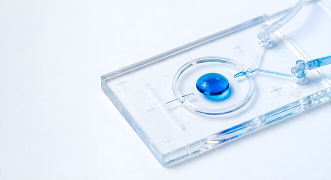 
Macro View of a Microfluidic Chip with Circular Chamber and Blue Droplet: Precision Lab on a Chip Device for Diagnostic Research with Copy Space at 8K.

