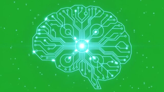 Glowing digital brain circuit representing modern artificial intelligence technology network with powerful energy on green screen