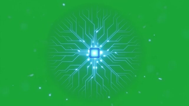Futuristic artificial intelligence chip glowing on motherboard circuit digital computer technology isolated green screen background