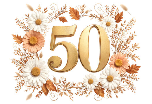 Elegant Golden Fifty Number Surrounded By Floral Decorations And Leaves