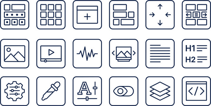 Content management system and web page builder line icon set for website design digital layout toolbar text editing and interface components