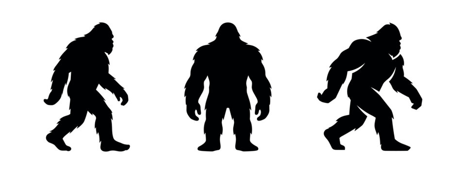 Bigfoot, Sasquatch, or Yeti mythical creature silhouettes. Cryptid monster vector icons set.