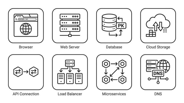 Network and server infrastructure icons set line style