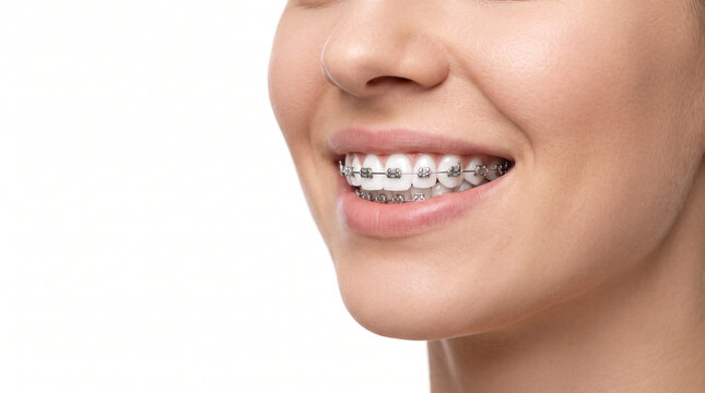 young woman in three quarter view smiling with brilliant white teeth and professional orthodontic braces for premium dental care advertising