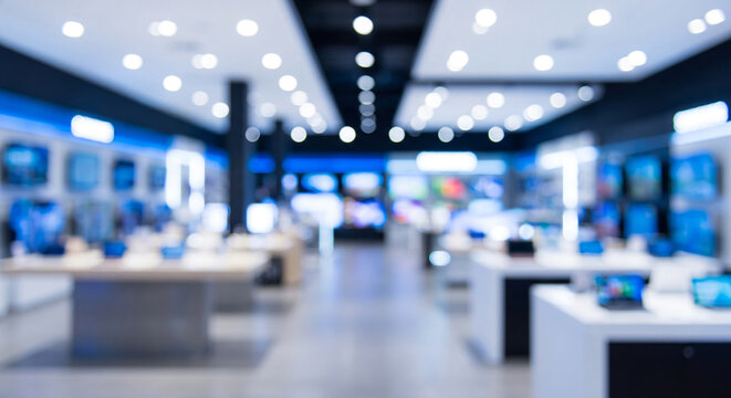 Blurred background of an electronics retail store interior with bright lighting