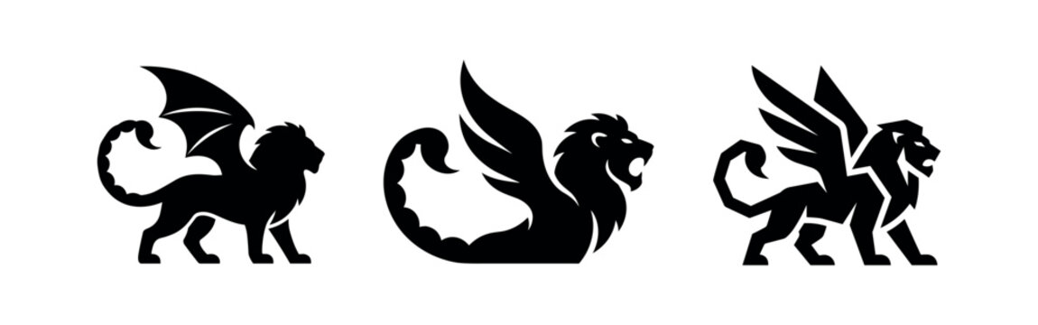 Fearsome manticore-like beast silhouettes, combining lion, wings, and scorpion tail elements, for fantasy themes.