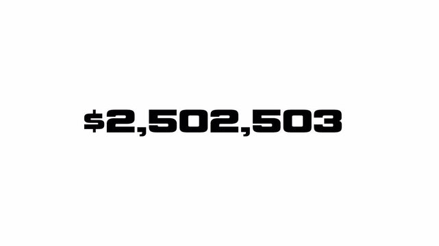 10 million dollar number counting animation. Counting money and digits increasing 4k animation with alpha channel on transparent background 