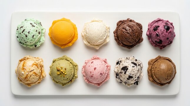 Assorted Gourmet Ice Cream and Sorbet Scoops Collection Isolated on White Background