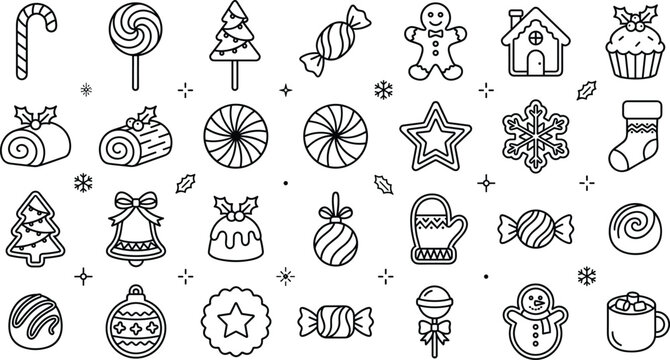 Christmas Holiday Sweet and Decoration Vector Icon Set with Gingerbread Cookies Baubles Snowmen and Treats for Winter Coloring Page Designs