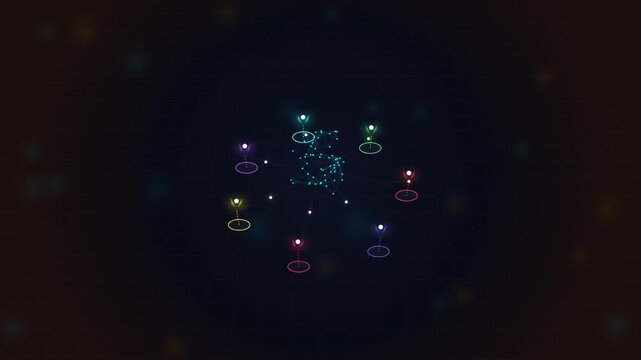 Futuristic digital network connection with glowing colorful nodes and central data hub animation