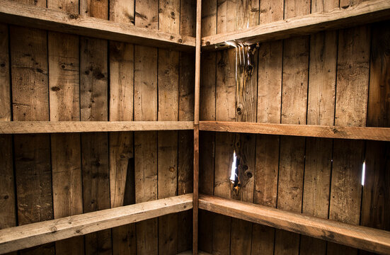 The Great Blue Hill Observation Tower, known locally as Eliot Tower, built in the 1930s, the interior, wooden planks and cross beams.
