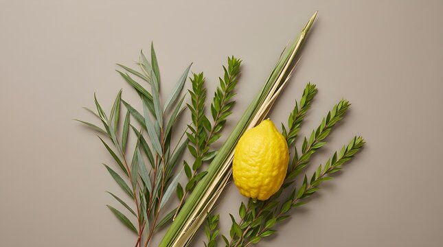 Jewish Sukkot four species, etrog citron and lulav palm frond, religious holiday ritual