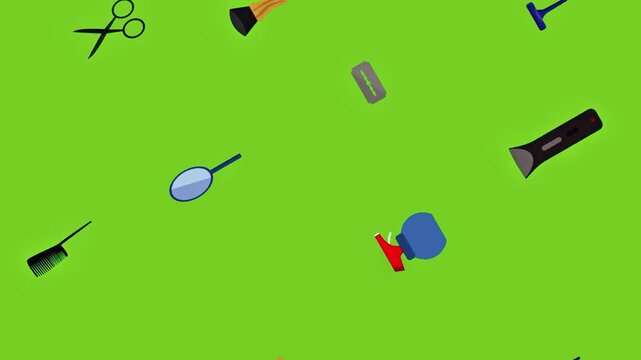 Barber and hairdressing tools animated seamless loop pattern on chroma key green screen background.