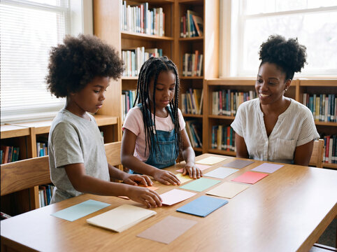 Children sorting colorful cards with an educator in a library