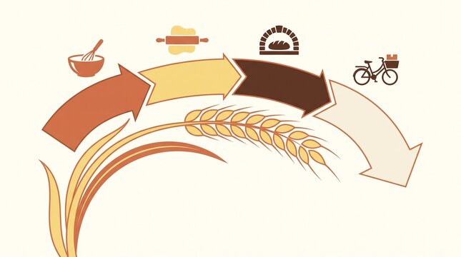 Bakery production process infographic, flat vector illustration of bread making stages from wheat to delivery, earth tone icons on cream background