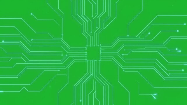 Glowing digital circuit board processor emits powerful energy and microchip network technology innovation on plain green screen backdrop