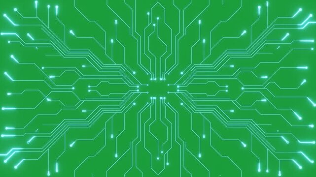 Glowing digital circuit board background futuristic green screen network microprocessor technology electronic data flow connection