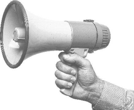 Megaphone held by hand in halftone dot pattern retro vintage illustration for announcement