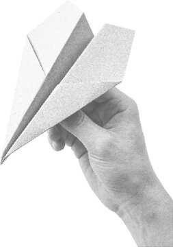 Paper airplane held in hand halftone dot texture illustration retro vintage design element