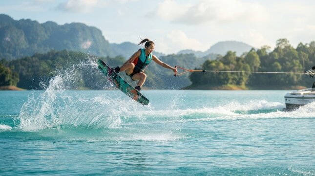 Young woman performing an impressive wakeboard jump on a scenic lake during a sunny summer day