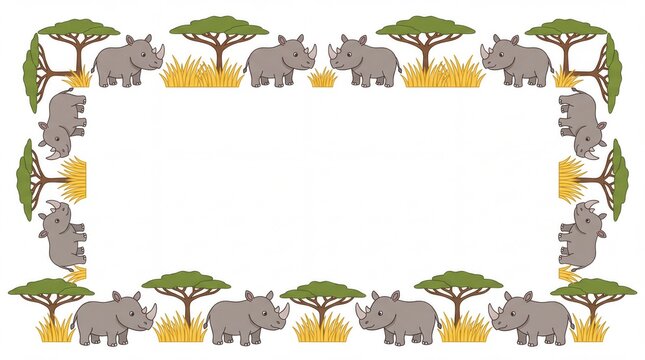 Cute cartoon rhinoceros safari animal rectangular frame border with copy space