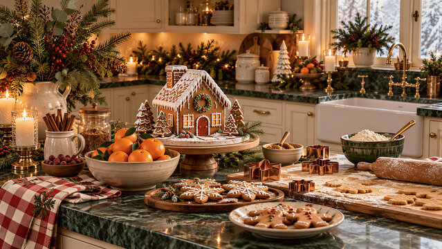 Gingerbread house decorated with icing on kitchen counter, festive holiday cookies, oranges in bowl, winter greenery, warm candlelight. Christmas celebration, baking, seasonal food
