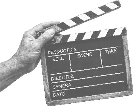 Clapperboard hand holding film production clapper board for movie making scene director camera date retro halftone dot texture