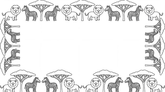 Black and White Safari Animal Frame Border Coloring Page Line Art