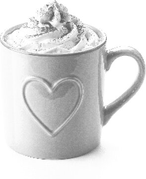 Hot chocolate mug with whipped cream and heart design halftone dot texture retro collage element vintage illustration