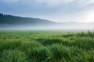 Naklejka premium The Misty Field at Dawn Across Dewy Grass and Foggy Horizon