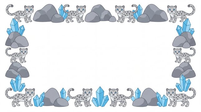 Cute cartoon snow leopard border frame with rocks and ice crystals