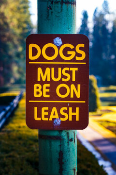 A sign in a park 'Dogs Must Be on Leash' instruction.
