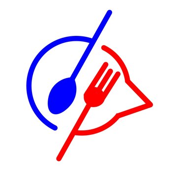 Minimalist restaurant logo icon with blue spoon and red fork outline