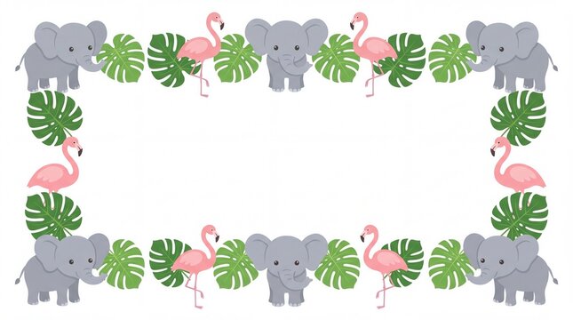 Cute cartoon elephant and flamingo tropical border frame with monstera leaves
