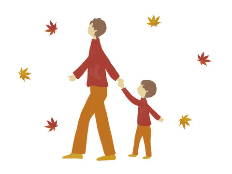 散歩する親子と紅葉のイラスト