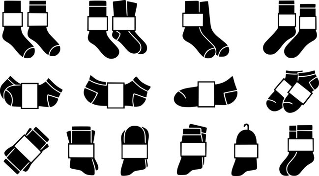 Black silhouette of a pair of socks with a white rectangular label
